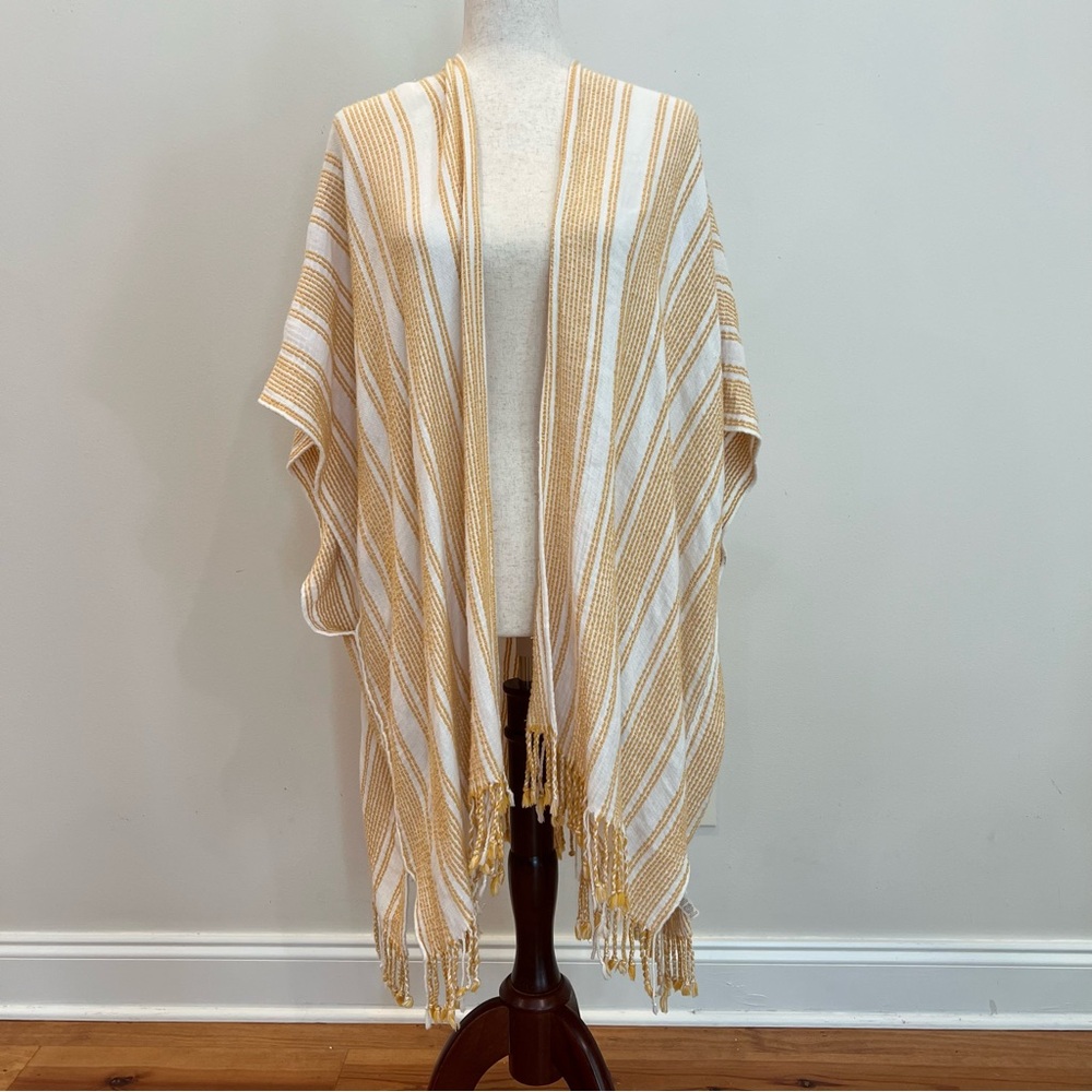 Aerie Boho Open Front Fringe Kimono OS Yellow Striped Oversized Beach CoverUp